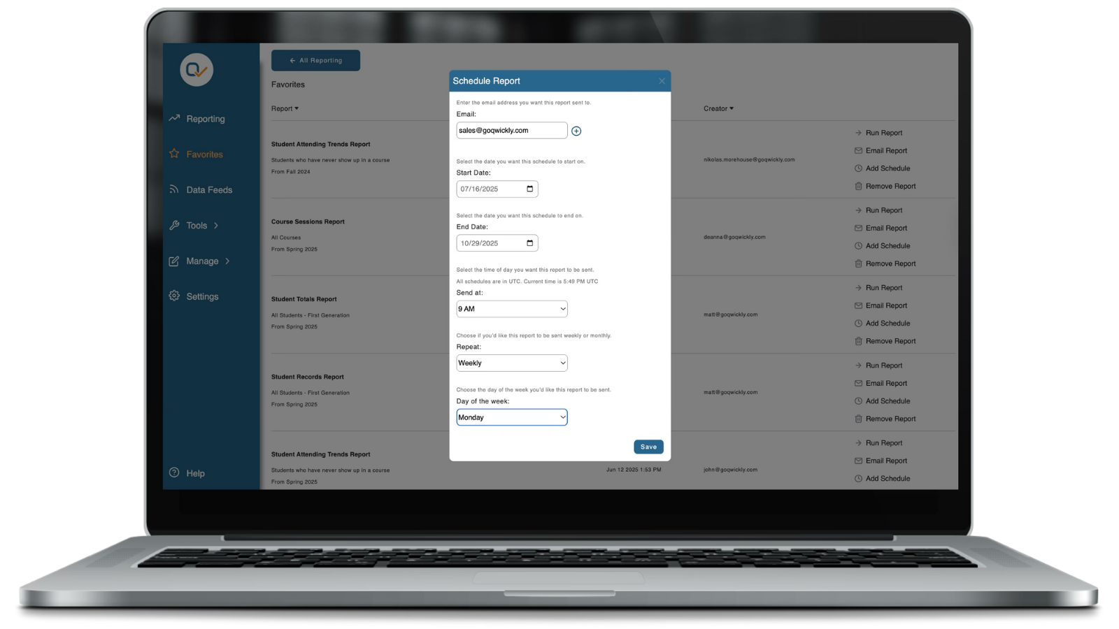 A laptop screen showing the schedule reports pop-up interface with scheduling options such as email address, start and end date, time of day, frequency, and day of the week.